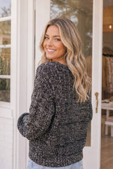 Black White Marled Chunky Knit Balloon Sleeve Sweater