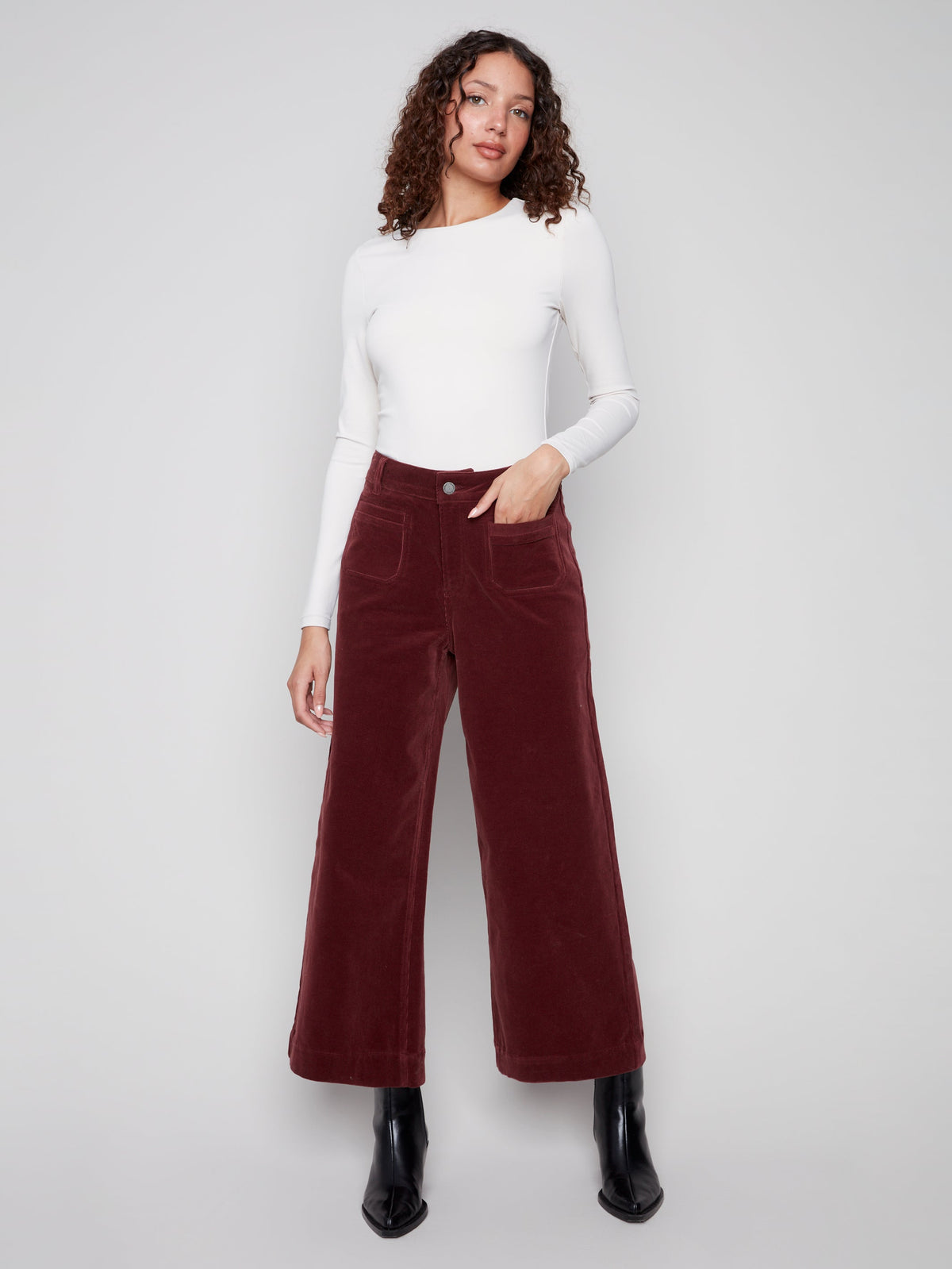 Cropped Patch Pocket Flare Corduroy Pants- Cabernet