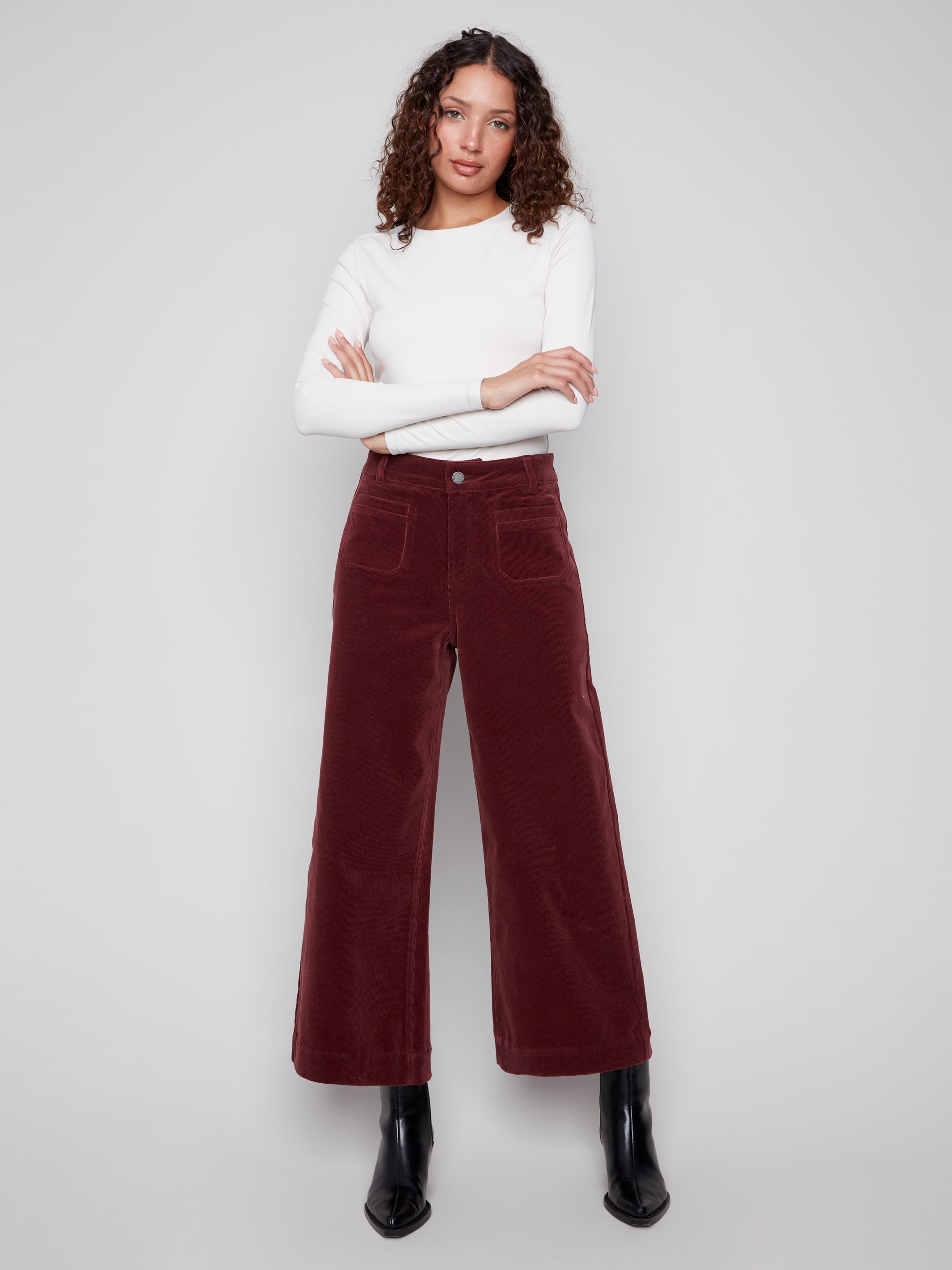 Cropped Patch Pocket Flare Corduroy Pants- Cabernet