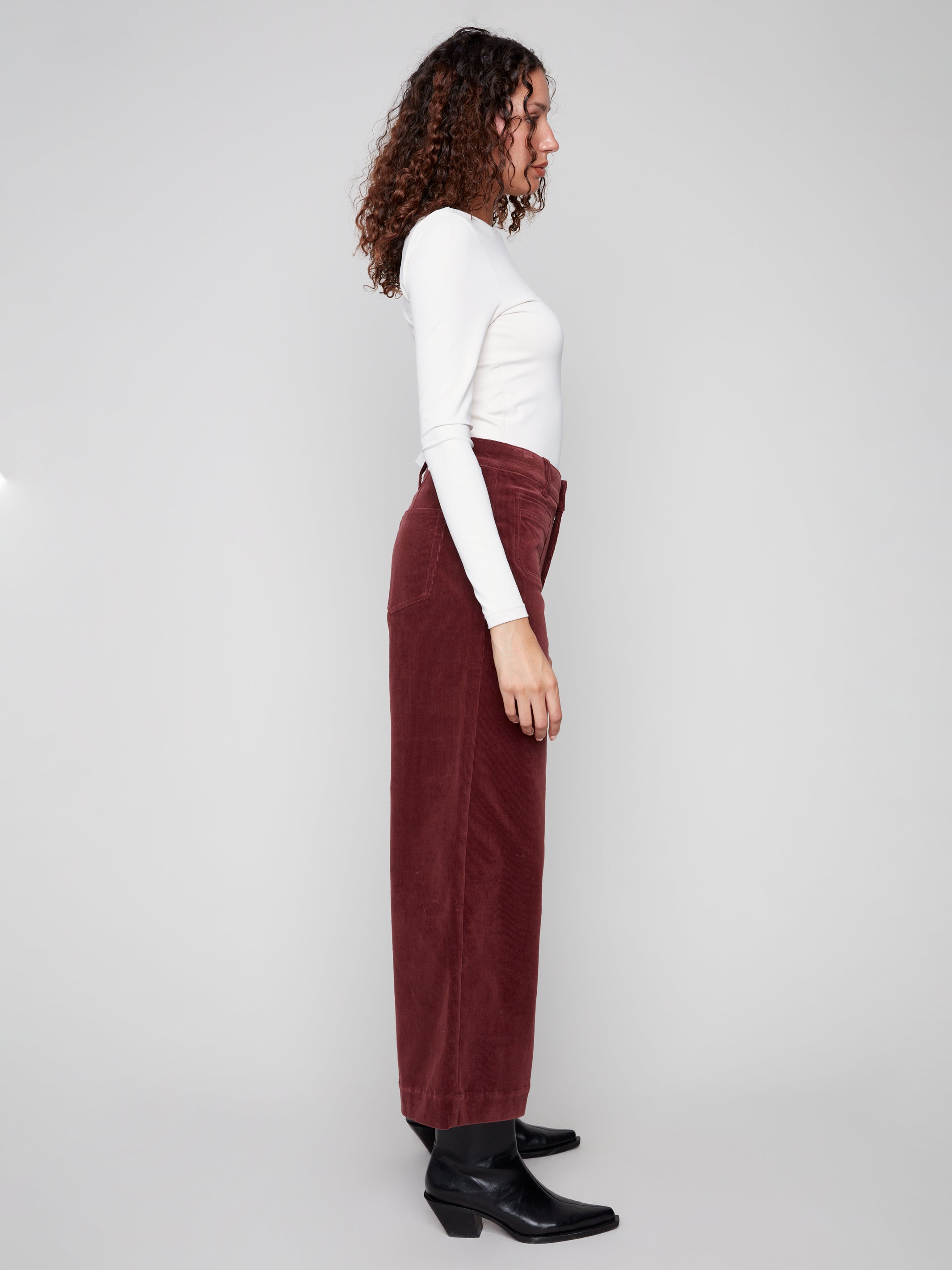 Cropped Patch Pocket Flare Corduroy Pants- Cabernet